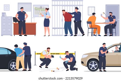 Police officers in various work processes of law enforcement agencies. Observance and protection of public order, investigation of crimes. Vector illustration