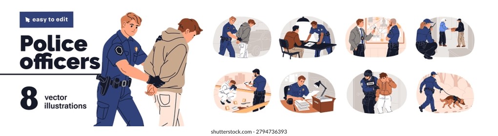 Police officers while work set. Policemen arrest thief, examine criminal scene, interrogate suspect. Cop with dog on trail. detectives investigate crime. Flat isolated vector illustration on white