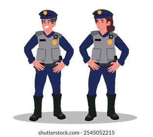 Agentes de policía, mujer y hombre con uniforme de policía. Ilustración vectorial.