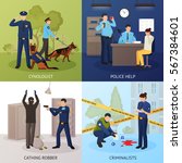 Police officers work 4 flat icons square with bank robber seizure and crime scene investigation isolated vector illustration 