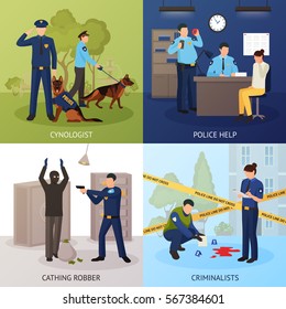 Police officers work 4 flat icons square with bank robber seizure and crime scene investigation isolated vector illustration 