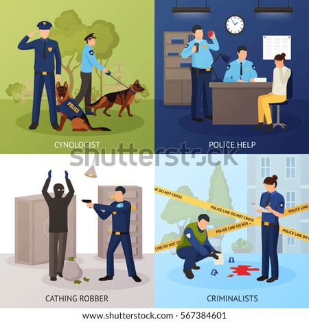 Police officers work 4 flat icons square with bank robber seizure and crime scene investigation isolated vector illustration 