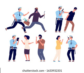 Police officers at work. Cop patrol catching up thief, policeman arrest criminal character, law job, help to victim vector set