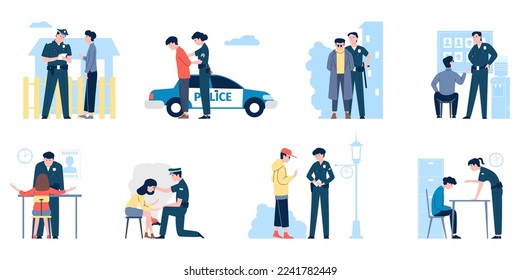 Police officers at work. Policeman and prisoner, officer listen victim or witness in office. Guarding and traffic cop, prison security detention recent vector scenes