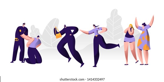 Police Officers at Work. Policeman Putting Handcuffs on Offender Hands, Woman Character Catching Up Thief to Arrest, Criminal Steal Bag from Victim , Witness Cry Help. Cartoon Flat Vector Illustration