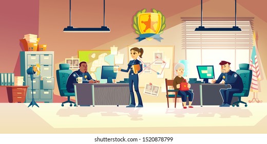 Police officers working in police station office interior, detective sitting at work desk, patrolwoman questioning granny, asking questions witness or victim of crime cartoon vector illustration