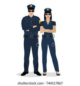Oficiales de policía con uniforme. Ilustración vectorial en estilo plano aislada en fondo blanco.