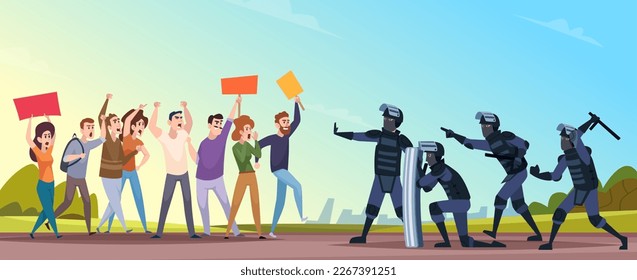 Police on demonstration. Scary and aggresive protesters fights with police squad in armored uniform exact vector cartoon backgrounds