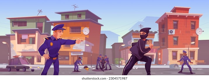 Police on poor ghetto street catching thief cartoon vector background. Policeman in dirty slum india neighborhood area. Ruined and destruction criminal town alley exterior game illustration.