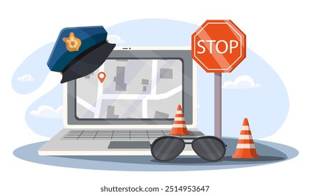 Serviço online de polícia. Óculos de sol, policia tampão perto do laptop. Proteção e segurança na Internet. Cartaz ou banner da Cyberpolice. Ilustração de vetor plano isolada no plano de fundo branco