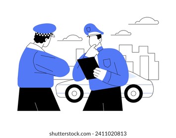 Police patrol car abstract concept vector illustration. Men in blue stand near police cruiser, emergency vehicle services, industrial transportation, group of officers abstract metaphor.