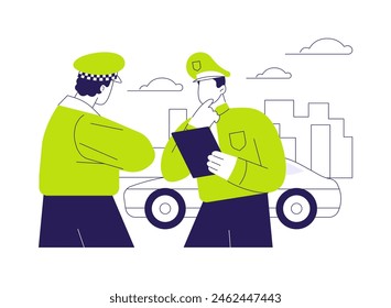 Ilustración vectorial de concepto abstracto de coche patrulla de policía. Hombres de azul parados cerca de crucero de la policía, servicios de vehículos de emergencia, transporte industrial, grupo de oficiales metáfora abstracta.