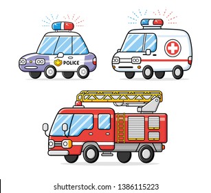 Police patrol car, emergency ambulance and fire engine truck isolated.