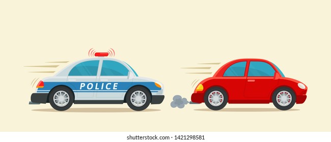 Police Patrol Car With Flashing Red Light Chasing Intruder Car. Car Theft. Over Speed Limit. Vector Illustration, Flat Cartoon Style. Isolated Background, Side View. 