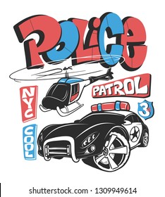 Police patrol car with helicopter, vector shirt print illustration.