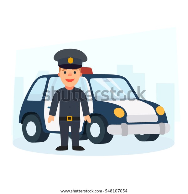 Police patrol car and policeman officer .\
Flat style vector\
illustration