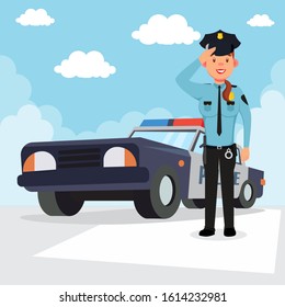 Police Patrol Car And Policewoman Officer Vector Illustration