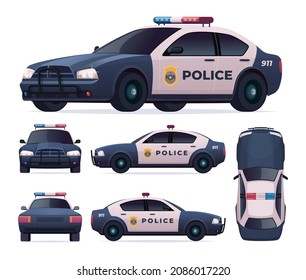Police patrol car set. View front, rear, side, top. svg