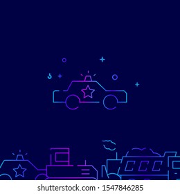 Police patrol car vector gradient line icon, illustration, symbol or pictogram, sign. Dark blue background. Related bottom border.