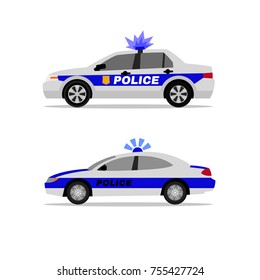 Police patrol cars. Side view. Security, defence and 911 service concept. Beautiful vector illustraion in flat style isolated on a white background