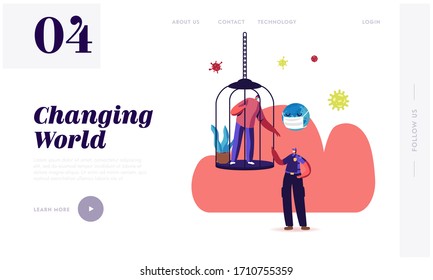 Police Patrol Control People at Home due to Virus Spreading Landing Page Template. Policeman Warning Male Character Sitting inside of Bird Cage during Covid19 Isolation. Cartoon Vector Illustration