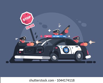 Police Patrol Fires From Behind Car. Attack Of Criminals. Vector Illustration