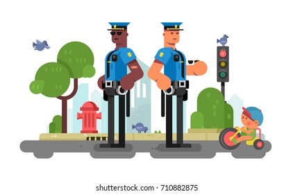 Police patrol officer on city street. Officer urban policeman in uniform and cap. Vector illustration