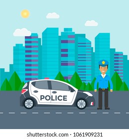 Police patrol on a road with police car, officer, city, nature landscape. Policeman in uniform, vehicle with rooftop flashing lights. Flat vector illustration.