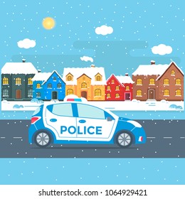 Police patrol on a road with police car, house, nature landscape. vehicle with rooftop flashing lights. Flat vector illustration.