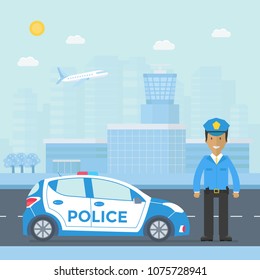 Police patrol on a road with police car, officer, modern building, nature landscape. Policeman in uniform, vehicle with rooftop flashing lights. Flat vector illustration.