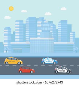 Police patrol on a road with police car, officer, modern building, nature landscape.  vehicle with rooftop flashing lights. Flat vector illustration.