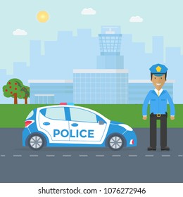 Police patrol on a road with police car, officer, modern building, nature landscape. Policeman in uniform, vehicle with rooftop flashing lights. Flat vector illustration.