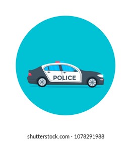 Police patrol on a road with police car. vehicle with rooftop flashing lights. Flat vector illustration.