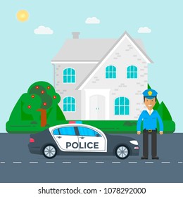 Police patrol on a road with police car, officer, house, nature landscape. Policeman in uniform, vehicle with rooftop flashing lights. Flat vector illustration.