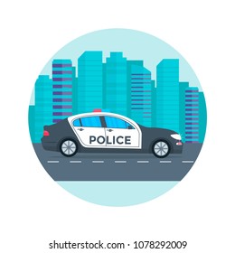 Police patrol on a road with police car. vehicle with rooftop flashing lights. Flat vector illustration.