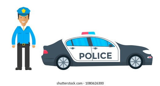 Police patrol on a road with police car, officer. Policeman in uniform,  vehicle with rooftop flashing lights. Flat vector illustration.