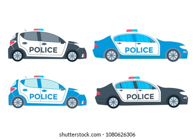 Police patrol on a road with police car.  vehicle with rooftop flashing lights. Flat vector illustration.