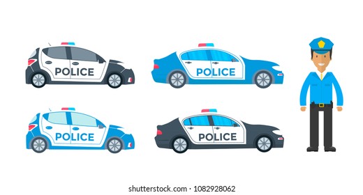 Police patrol on a road with police car, officer. Policeman in uniform,  vehicle with rooftop flashing lights. Flat vector illustration.