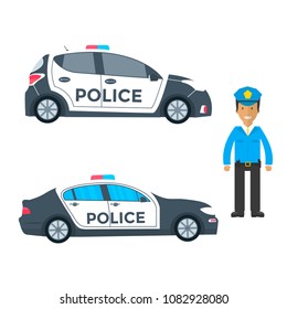 Police patrol on a road with police car, officer. Policeman in uniform,  vehicle with rooftop flashing lights. Flat vector illustration.