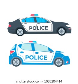 Police patrol on a road with police car.  vehicle with rooftop flashing lights. Flat vector illustration.