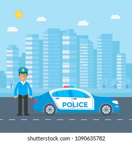 Police patrol on a road with police car, officer, city, nature landscape. Policeman in uniform, vehicle with rooftop flashing lights. Flat vector illustration.