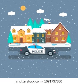 Police patrol on a road with police car, officer, city, nature landscape. Policeman in uniform, vehicle with rooftop flashing lights. Flat vector illustration.