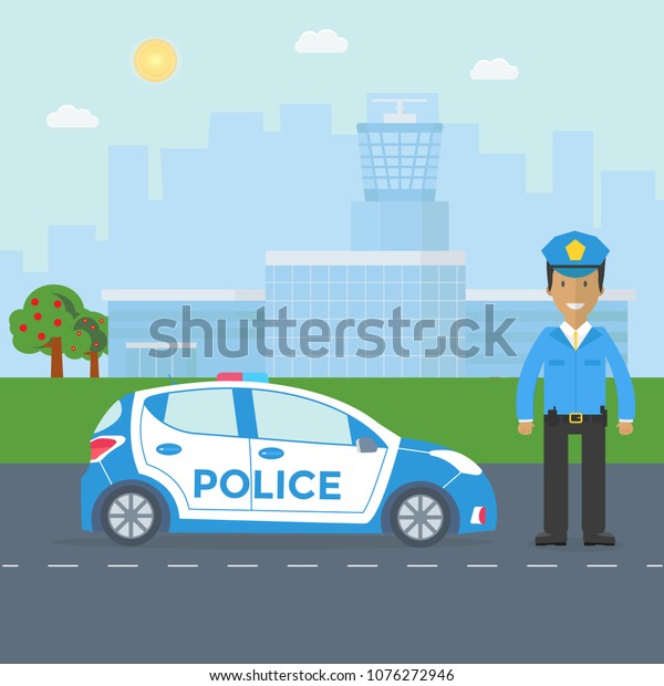 Police patrol on a road\
with police car, officer, modern building, nature landscape.\
Policeman in uniform, vehicle with rooftop flashing lights. Flat\
vector illustration.