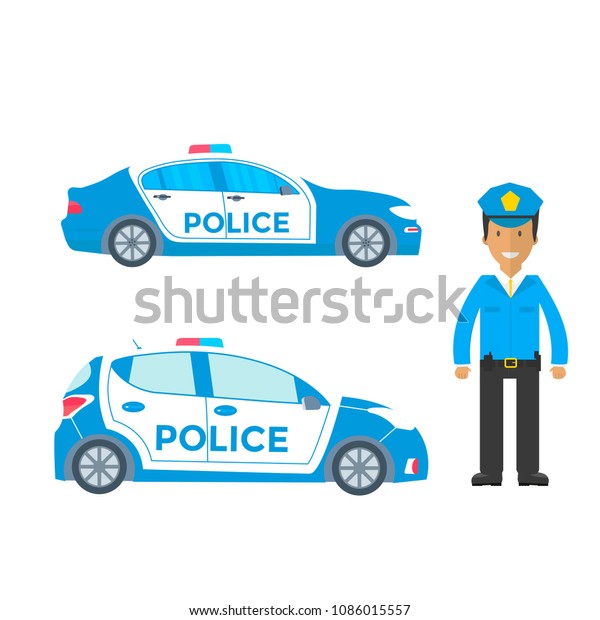 Police patrol on a road with police car,\
officer. Policeman in uniform,  vehicle with rooftop flashing\
lights. Flat vector\
illustration.