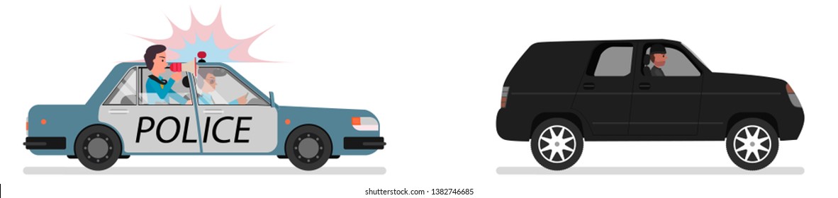 Police patrol pursues criminals by car. Police chase. Isolated on a white background.