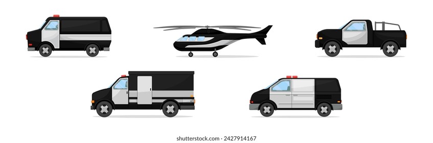 Police Patrol Vehicle with Helicopter and Truck Vector Set