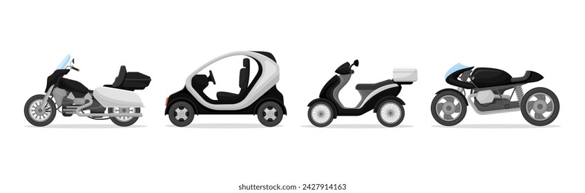 Police Patrol Vehicle with Scooter and Motorbike Vector Set