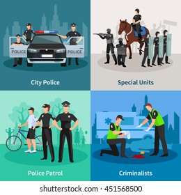 Police people 2x2 flat concept set of city police special units criminalists  and police patrol design compositions vector illustration 