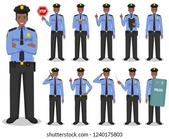 Police people concept. Detailed illustration of african american policeman standing in different poses in flat style isolated on white background. Vector illustration.