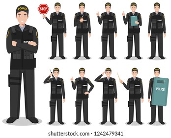 Police people concept. Detailed illustration of american policeman, sheriff, SWAT officer standing in different poses in flat style isolated on white background. Vector illustration.